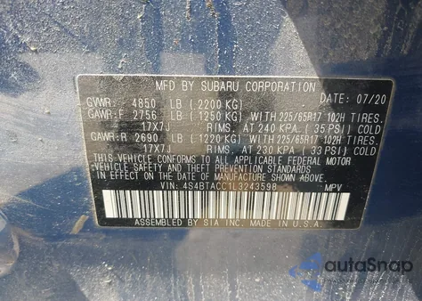 2020 Subaru Outback Premium from USA, damaged, VIN 4S4BTACC1L3243598